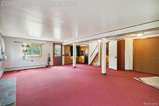 30590 Lorraine Ave, Warren, MI 48093 - below grade area featuring stairs, carpet flooring, and a baseboard radiator