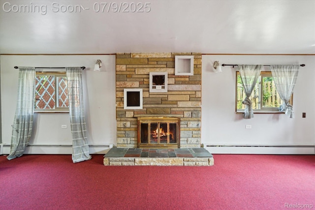 30590 Lorraine Ave, Warren, MI 48093 - unfurnished living room featuring baseboard heating, carpet flooring, and a stone fireplace