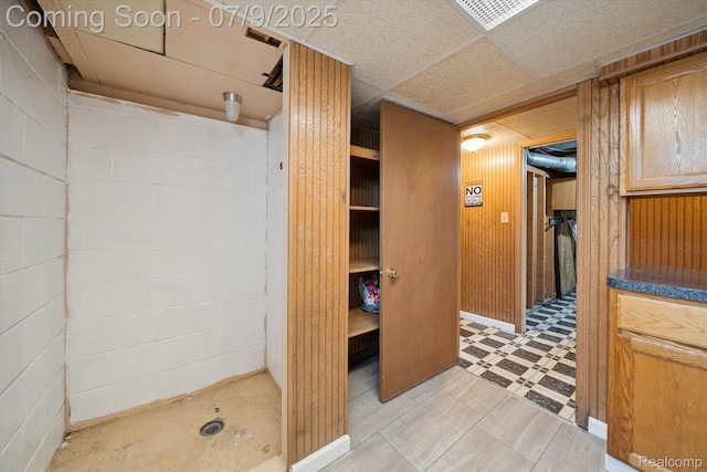 30590 Lorraine Ave, Warren, MI 48093 - full bath with a paneled ceiling, a shower, and wood walls