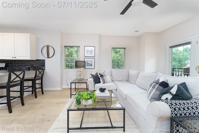 105 S 2nd St, Brighton, MI 48116 - living area with light wood finished floors, healthy amount of natural light, and a ceiling fan