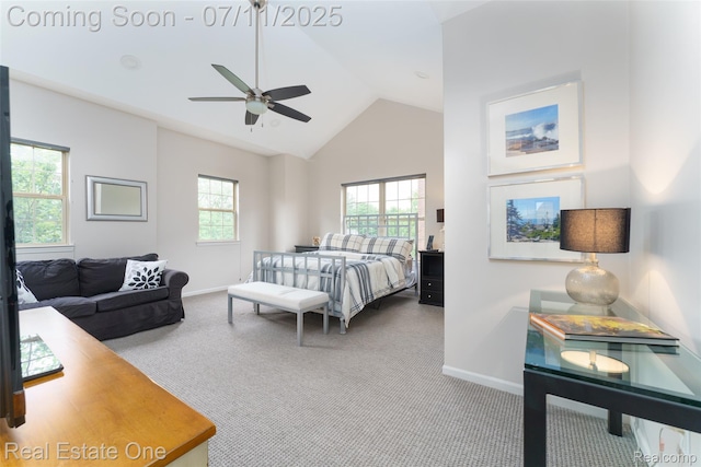 105 S 2nd St, Brighton, MI 48116 - bedroom featuring carpet, high vaulted ceiling, and ceiling fan