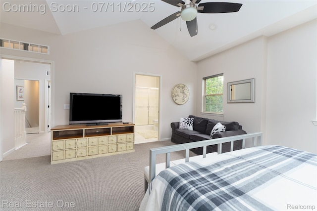 105 S 2nd St, Brighton, MI 48116 - carpeted bedroom with high vaulted ceiling, ceiling fan, and ensuite bath