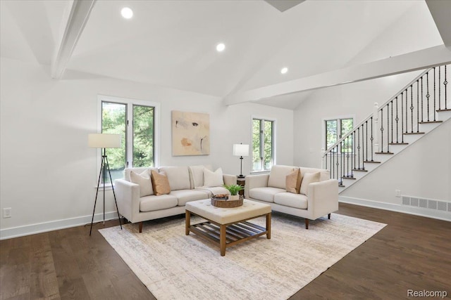 47043 Curtis Rd, Northville, MI 48168 - living room with dark wood-style floors, stairway, beamed ceiling, recessed lighting, and high vaulted ceiling
