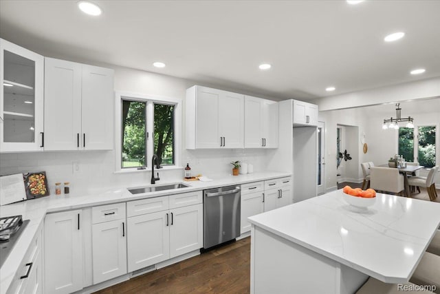 47043 Curtis Rd, Northville, MI 48168 - kitchen featuring dishwasher, decorative backsplash, white cabinets, dark wood-type flooring, and recessed lighting