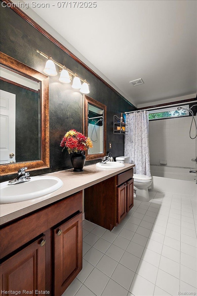 3066 Waldon Park Dr, Orion, MI 48359 - bathroom featuring tile patterned floors, double vanity, shower / tub combo, and vaulted ceiling