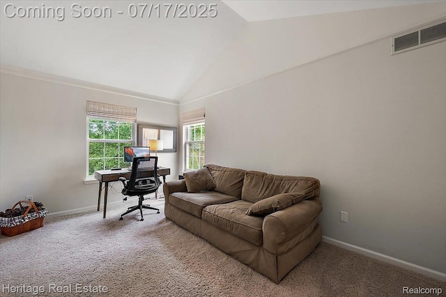 3066 Waldon Park Dr, Orion, MI 48359 - carpeted home office with baseboards and high vaulted ceiling