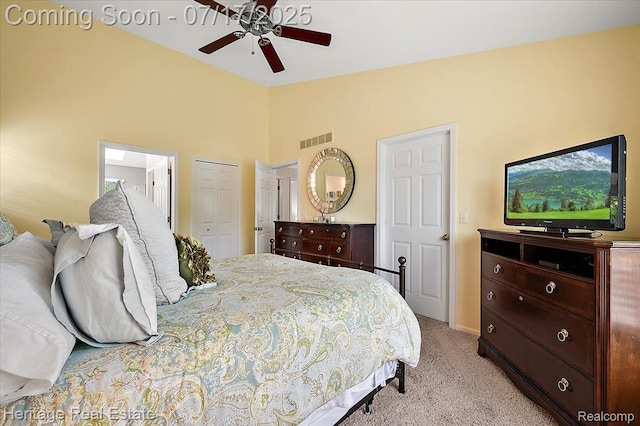3066 Waldon Park Dr, Orion, MI 48359 - bedroom featuring light carpet, vaulted ceiling, and ceiling fan