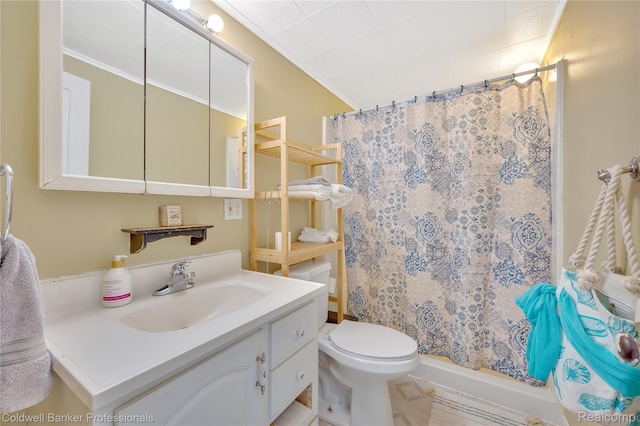 4677 Imlay City Rd, Attica, MI 48412 - bathroom featuring vanity, ornamental molding, and a shower with curtain