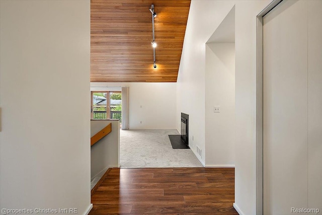 2 Eastbury Ct, Ann Arbor, MI 48105 - hallway with wood ceiling, lofted ceiling, carpet floors, and wood finished floors