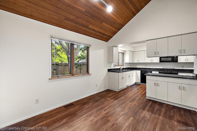 2 Eastbury Ct, Ann Arbor, MI 48105 - kitchen with black appliances, white cabinets, wooden ceiling, dark countertops, and dark wood-style flooring