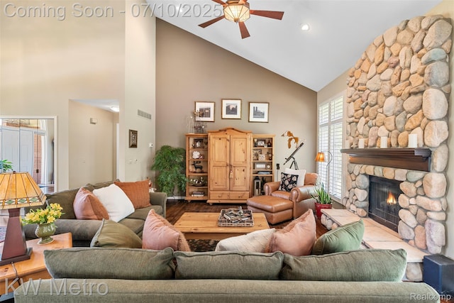 510 Roxbury Dr, Lake Orion, MI 48359 - living area featuring high vaulted ceiling, ceiling fan, wood finished floors, and a fireplace