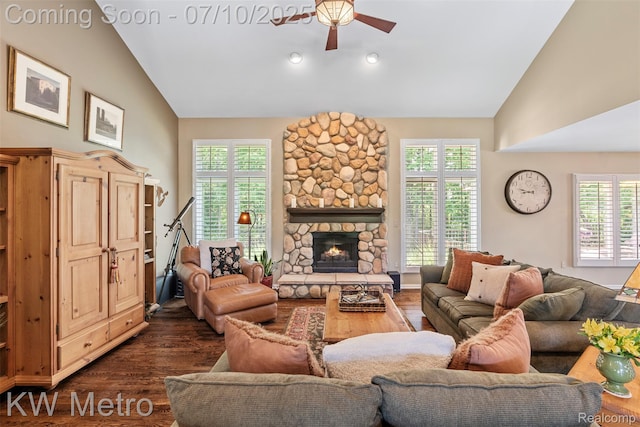 510 Roxbury Dr, Lake Orion, MI 48359 - living room with lofted ceiling, ceiling fan, dark wood-type flooring, and healthy amount of natural light