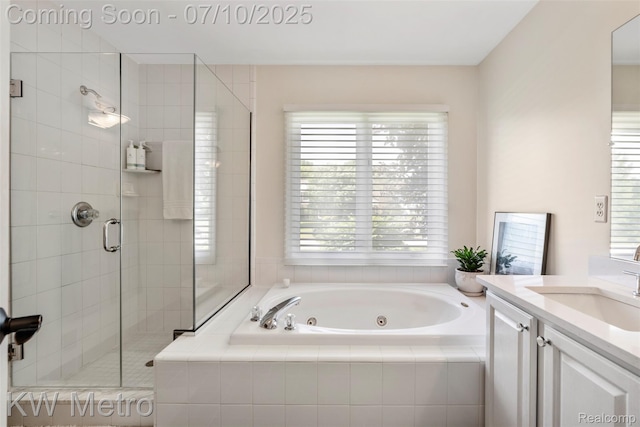 510 Roxbury Dr, Lake Orion, MI 48359 - bathroom with a tub with jets, a shower stall, and vanity