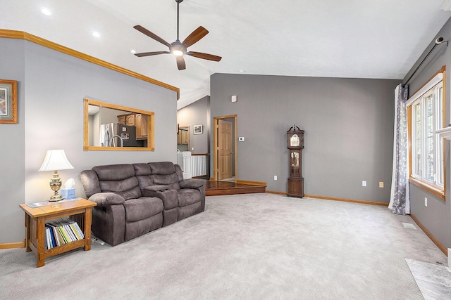 6177 Heathcross Dr, Hudsonville, MI 49426 - carpeted living room featuring ceiling fan, lofted ceiling, and recessed lighting