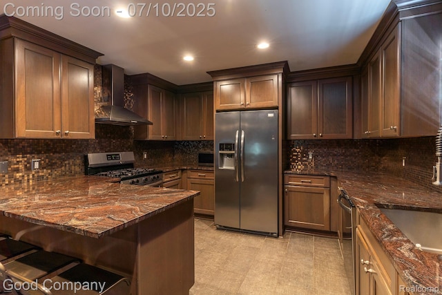 1432 N Custer Ave, Clawson, MI 48017 - kitchen featuring appliances with stainless steel finishes, wall chimney range hood, tasteful backsplash, a peninsula, and recessed lighting