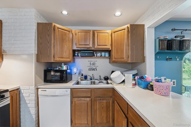 15447 Taft St, Westland, MI 48174 - kitchen with dishwasher, black microwave, light countertops, recessed lighting, and brown cabinetry
