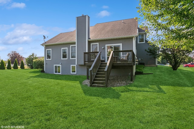 6044 Wabash Ln, Stevensville, MI 49127 - back of house featuring stairs, a wooden deck, a yard, and a chimney