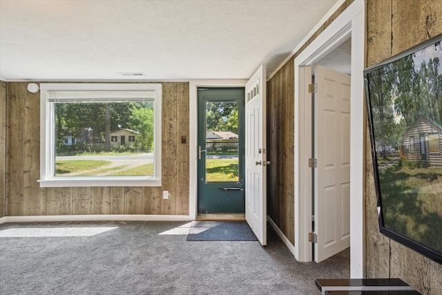 3049 Kooi St, Muskegon, MI 49444 - entryway with carpet floors, a textured ceiling, and wood walls