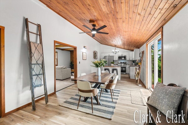 139 W Grand Ledge Hwy, Sunfield, MI 48890 - dining room featuring wooden ceiling, vaulted ceiling, ceiling fan, a chandelier, and light wood-type flooring