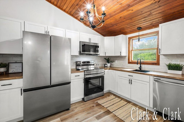 139 W Grand Ledge Hwy, Sunfield, MI 48890 - kitchen featuring stainless steel appliances, wood ceiling, vaulted ceiling, white cabinets, and decorative backsplash