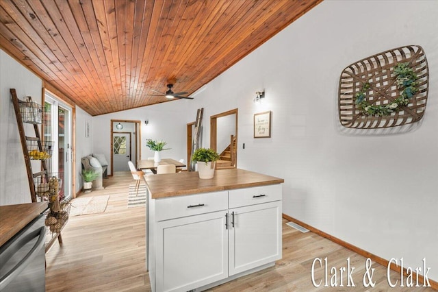 139 W Grand Ledge Hwy, Sunfield, MI 48890 - kitchen with wood counters, light wood finished floors, lofted ceiling, white cabinetry, and wooden ceiling