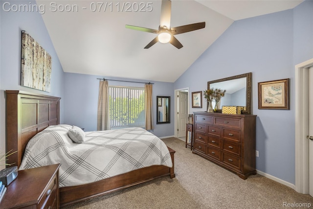 52221 Giuliano Ln, Macomb, MI 48042 - bedroom featuring light carpet, high vaulted ceiling, and ceiling fan
