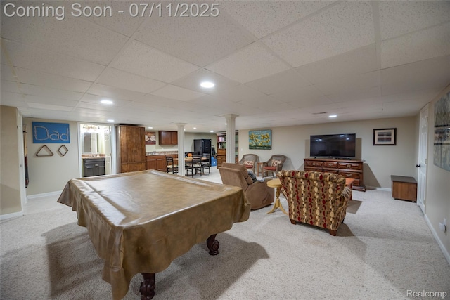 52221 Giuliano Ln, Macomb, MI 48042 - recreation room featuring decorative columns, light carpet, billiards, and a paneled ceiling