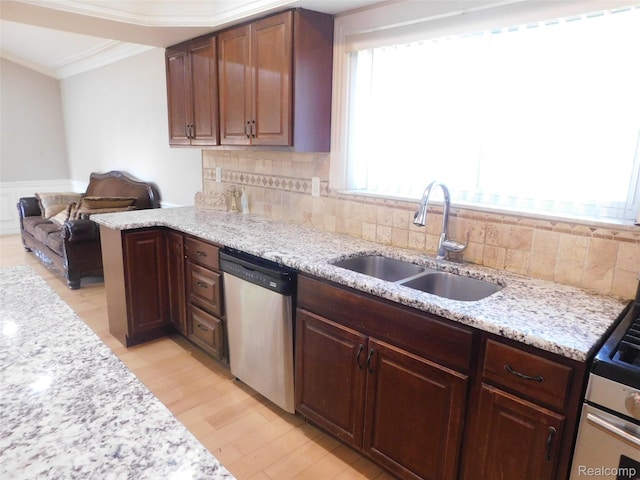 2238 Nadine Dr, Sterling Heights, MI 48310 - kitchen with dishwasher, ornamental molding, light wood finished floors, tasteful backsplash, and light stone counters