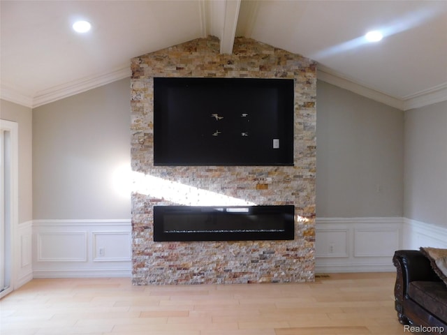 2238 Nadine Dr, Sterling Heights, MI 48310 - detailed view of a stone fireplace, wood finished floors, a wainscoted wall, beam ceiling, and recessed lighting