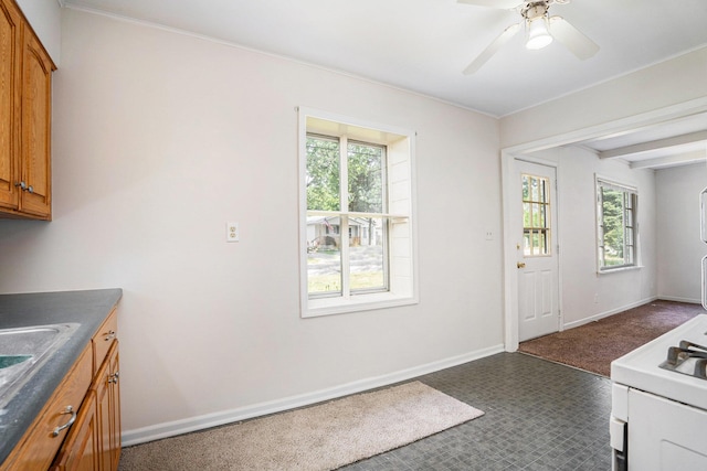 340 Nora St SE, Grand Rapids, MI 49548 - kitchen featuring brown cabinets, healthy amount of natural light, ceiling fan, beamed ceiling, and dark carpet