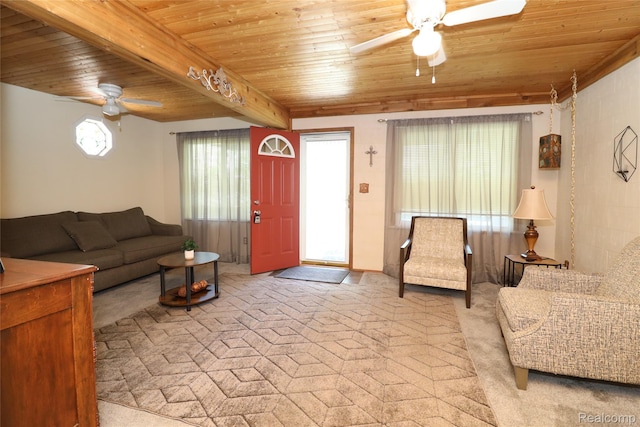6500 Cooper St, Taylor, MI 48180 - living room featuring ceiling fan, a wood ceiling with exposed beams, and carpet flooring