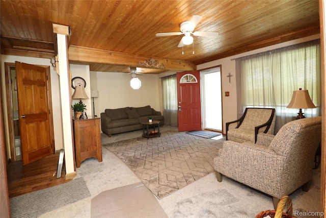 6500 Cooper St, Taylor, MI 48180 - carpeted living room featuring a ceiling fan and wood ceiling