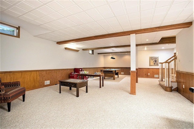 106 Kingsbury Ct, Battle Creek, MI 49015 - rec room with a wainscoted wall, billiards, wooden walls, and carpet floors