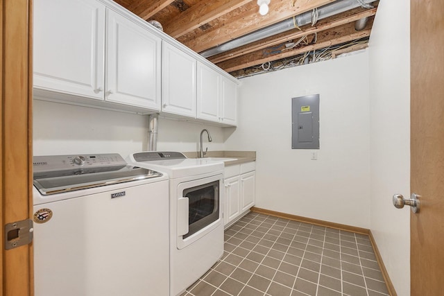 270 Silver Ridge Dr, Holland, MI 49424 - laundry room featuring electric panel, independent washer and dryer, cabinet space, and tile patterned flooring