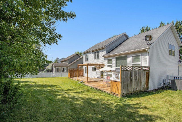 5625 Bay Meadow Trl, Portage, MI 49024 - rear view of house featuring a fenced backyard, a deck, roof with shingles, and a pergola