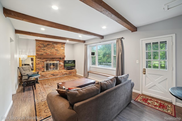 6810 Killarney Dr, Troy, MI 48098 - living room with wood finished floors, a brick fireplace, beam ceiling, and recessed lighting