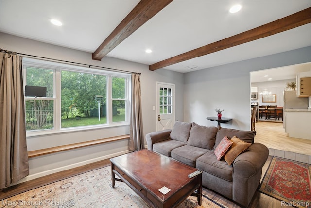 6810 Killarney Dr, Troy, MI 48098 - living area featuring light wood-style floors, recessed lighting, and beamed ceiling