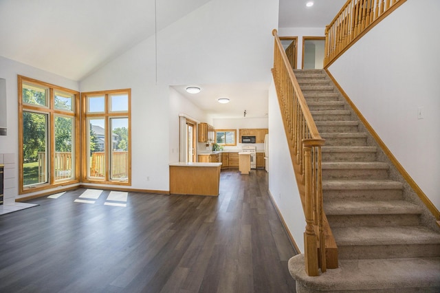 4213 Silverleaf Dr, Ypsilanti, MI 48197 - stairs featuring wood finished floors, high vaulted ceiling, and recessed lighting