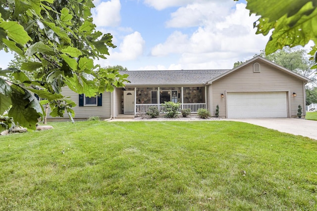 1615 Bunting Rd, Jackson, MI 49201 - ranch-style home with a porch, a garage, concrete driveway, a front lawn, and roof with shingles