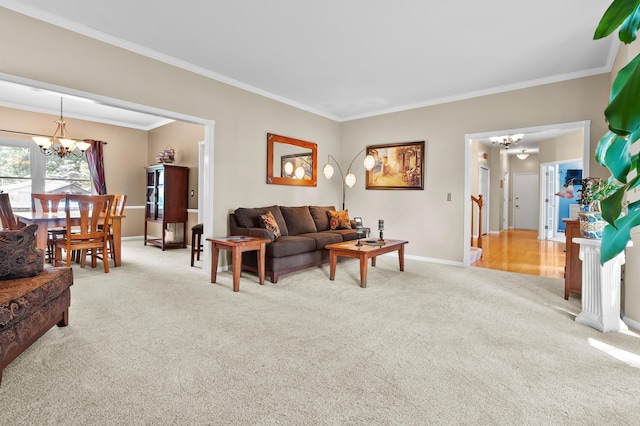 6794 Brickleton Ct, Portage, MI 49024 - carpeted living room featuring a chandelier and crown molding