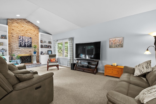 6794 Brickleton Ct, Portage, MI 49024 - carpeted living area featuring lofted ceiling, built in shelves, a fireplace, and recessed lighting