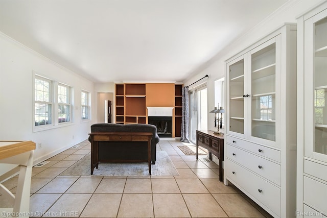 30160 Marshall St, Southfield, MI 48076 - interior space featuring light tile patterned flooring, ornamental molding, and a fireplace