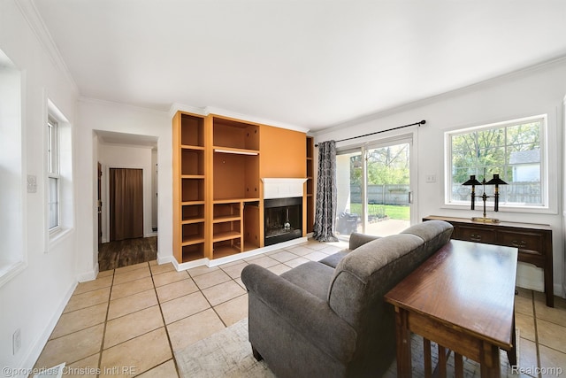 30160 Marshall St, Southfield, MI 48076 - living room with ornamental molding, a fireplace, and light tile patterned flooring