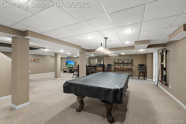 6591 Tree Knoll Dr, Troy, MI 48098 - rec room with light carpet, billiards, and a drop ceiling