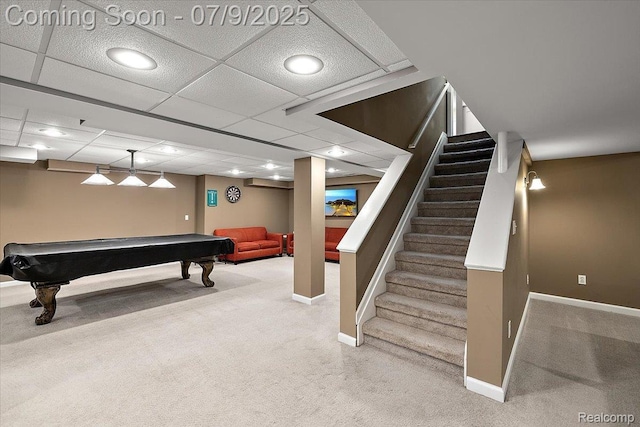 6591 Tree Knoll Dr, Troy, MI 48098 - rec room with carpet flooring, billiards table, recessed lighting, and a paneled ceiling