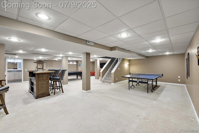 6591 Tree Knoll Dr, Troy, MI 48098 - rec room with a paneled ceiling, light carpet, and pool table