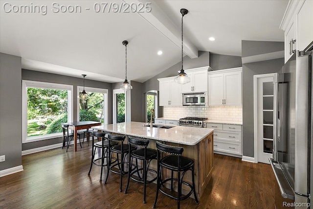6591 Tree Knoll Dr, Troy, MI 48098 - kitchen with high end appliances, tasteful backsplash, white cabinetry, dark wood finished floors, and light stone countertops