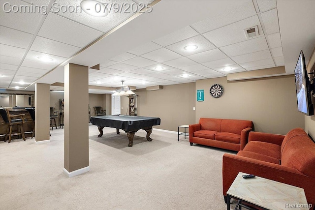 6591 Tree Knoll Dr, Troy, MI 48098 - game room with light colored carpet, billiards, a drop ceiling, and recessed lighting