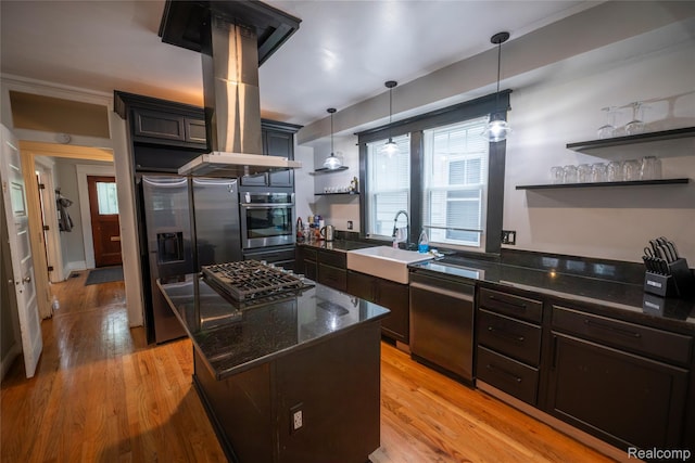 1731 Parker St, Detroit, MI 48214 - kitchen with stainless steel appliances, dark stone counters, open shelves, and light wood-style flooring
