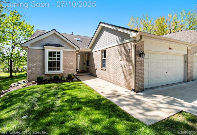 41503 Haggerty Woods Ct Unit 35, Canton, MI 48187 - ranch-style house with a garage, brick siding, a front yard, concrete driveway, and a shingled roof